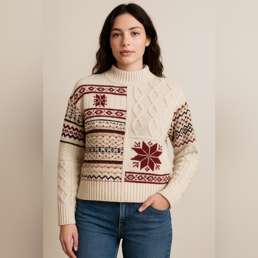 American Eagle Patchwork Fair Isle Sweater Nordic Cable Knit Cream Red Pullover - Picture 1 of 10